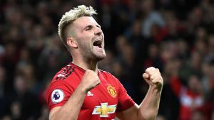 Luke Shaw celebrates a goal for Manchester United