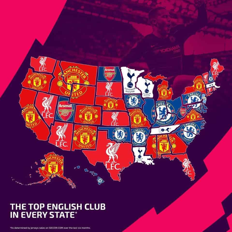 Most popular Premier League clubs in each state in USA