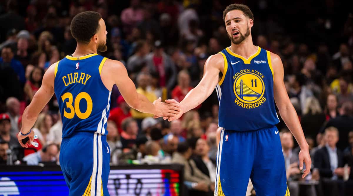 Stephen Curry and Klay Thompson in action for the Golden State Warriors
