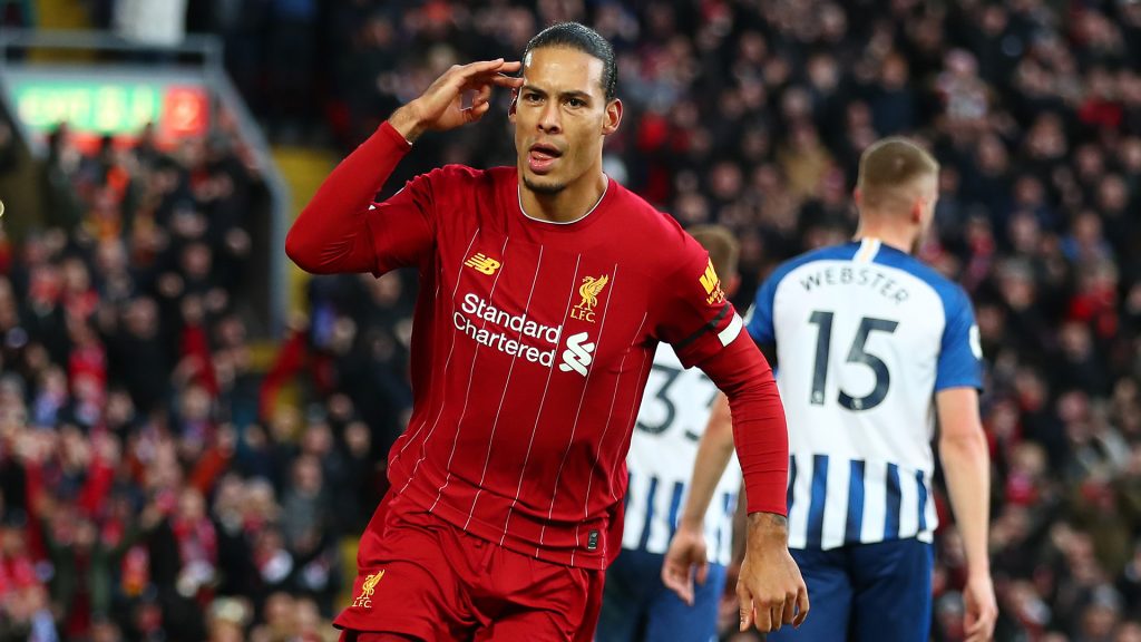 Virgil van Dijk celebrates goal during the Premier League clash between Liverpool v Brighton  