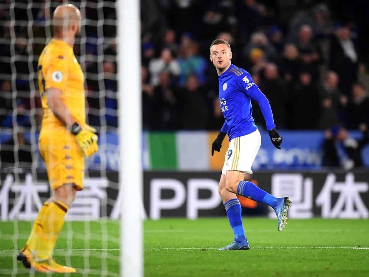 Leicester City star Jamie Vardy scores against Aston Villa