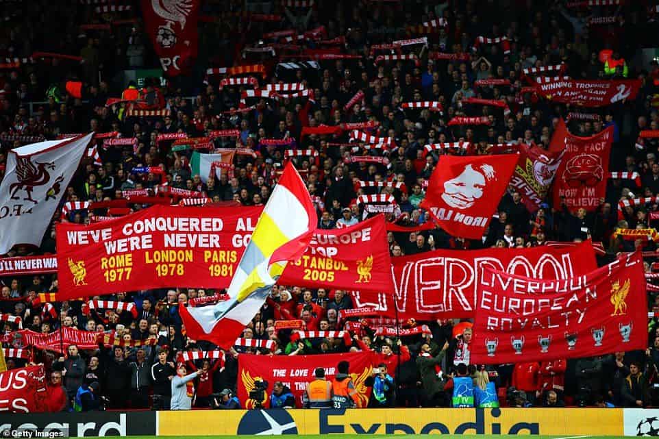 Liverpool supporters at Anfield during Champions League match