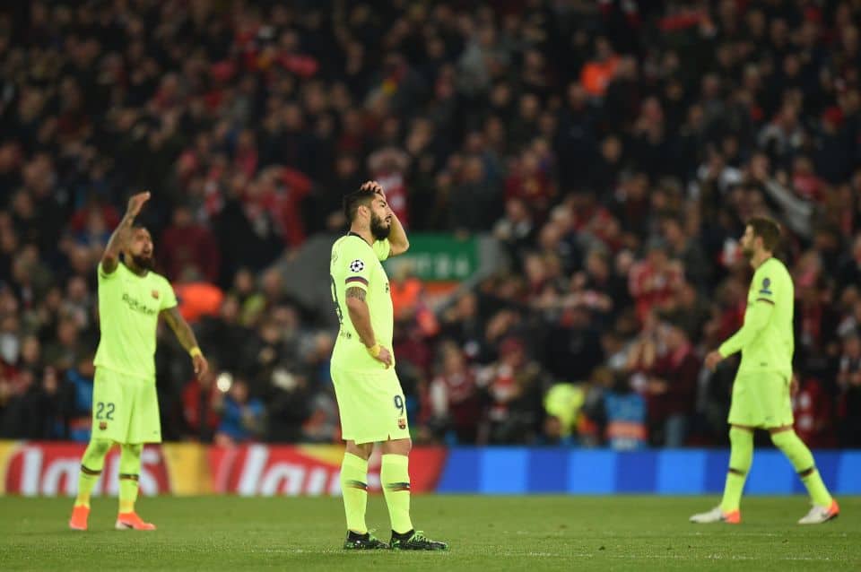 Barcelona players after 4-0 defeat to Liverpool at Anfield