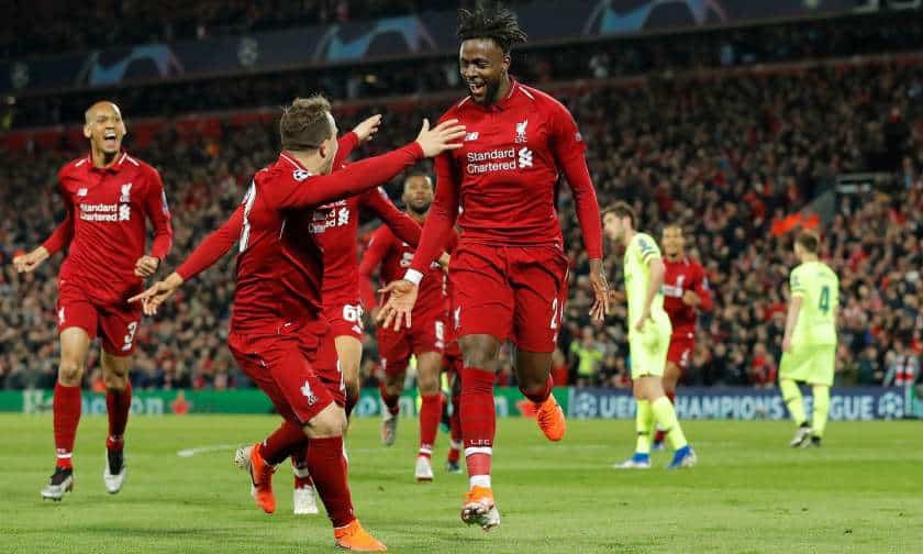 Divock Origi celebrating his goal against Barcelona in the Champions League semi-final