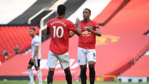 Marcus Rashford and Anthony Martial celebrate goal for Manchester United