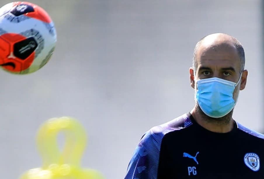 Manchester City's Pep Guardiola in action during training at Manchester City Football Academy on May 25, 2020 in Manchester, England.