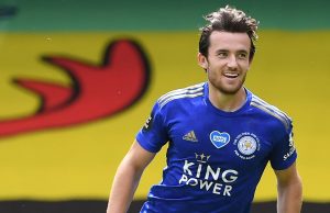 Leicester City's English defender Ben Chilwell celebrates after scoring his team's first goal during the English Premier League football match between Watford and Leicester City at Vicarage Road Stadium