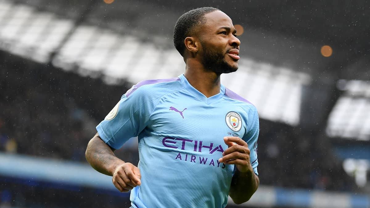 MANCHESTER, ENGLAND - OCTOBER 26: Raheem Sterling of Manchester City celebrates after scoring his team's first goal during the Premier League match between Manchester City and Aston Villa at Etihad Stadium on October 26, 2019 in Manchester, United Kingdom. (Photo by Michael Regan/Getty Images)