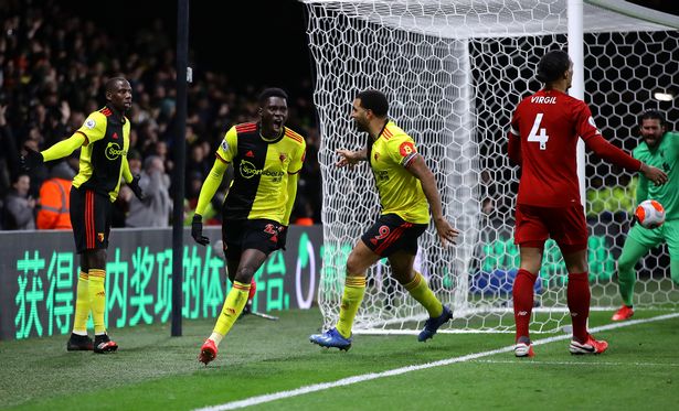 Ismaila Sarr of Watford celebrates scoring against Liverpool 