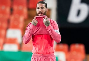 Sergio Ramos of Real Madrid reacts during the La Liga Santander match