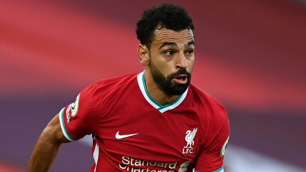 Mohamed Salah of Liverpool runs with the ball during the Premier League match between Liverpool and Leeds United at Anfield on September 12, 2020 in Liverpool, England.
