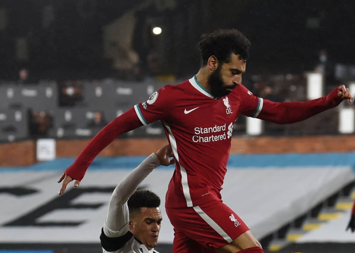 Mohamed Salah of Liverpool during the Premier League match between Fulham and Liverpool at Craven Cottage on December 13, 2020 in London, England. A limited number of spectators (2000) are welcomed back to stadiums to watch elite football across England. This was following easing of restrictions on spectators in tiers one and two areas only. (Photo by John Powell/Liverpool FC via Getty Images)