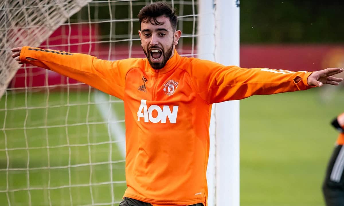 Bruno Fernandes of Manchester United in action during a first team training session at Aon Training Complex on December 15, 2020 in Manchester, England. (Photo by Ash Donelon/Manchester United via Getty Images)