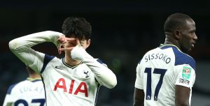 Son Heung-Min of Tottenham Hotspur celebrates after scoring their team's second goal during the Carabao Cup Semi Final between Tottenham Hotspur and Brentford at Tottenham Hotspur Stadium on January 05, 2021 in London, England. (Photo by Tottenham Hotspur FC/Tottenham Hotspur FC via Getty Images)