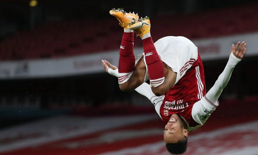 Pierre-Emerick Aubameyang celebrates spectacularly after putting Arsenal ahead early in the second half