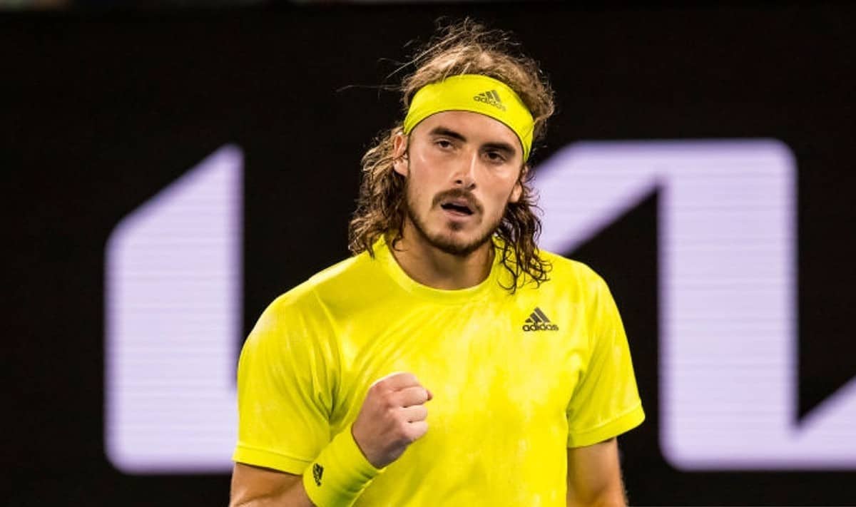 Stefanos Tsitsipas of Greece celebrates after winning a game during the semifinals of the 2021 Australian Open on February 19 2021, at Melbourne Park in Melbourne, Australia. (Photo by Jason Heidrich/Icon Sportswire via Getty Images)