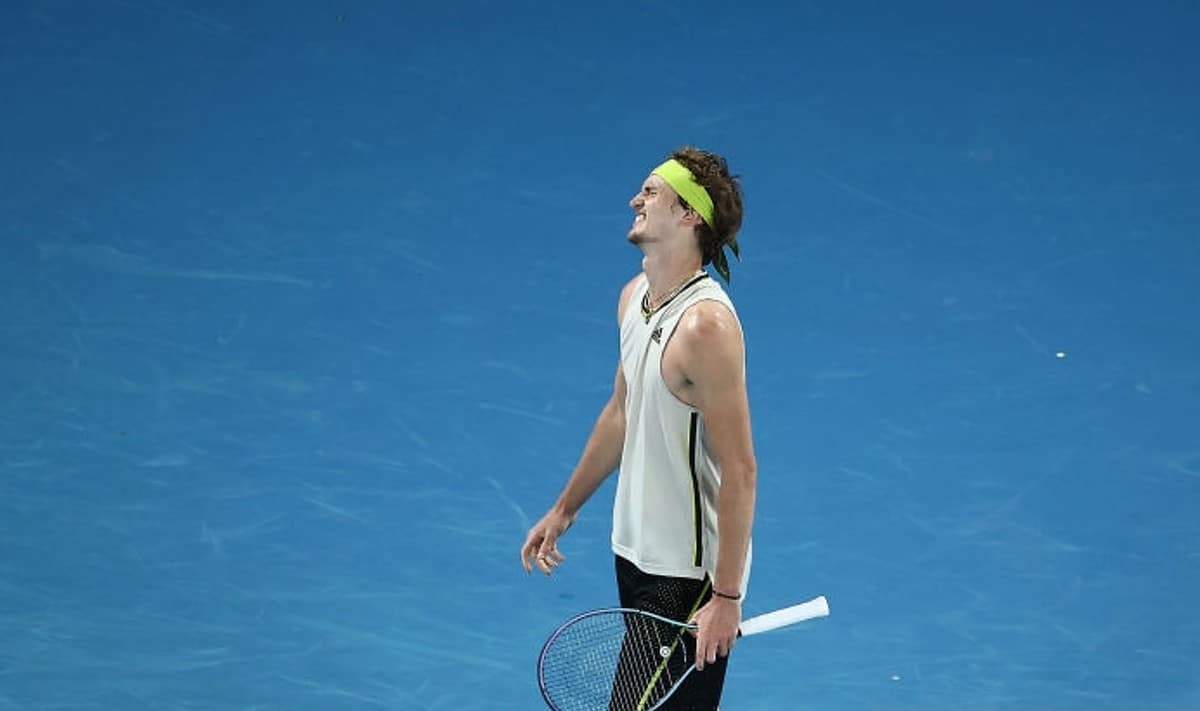 Alexander Zverev of Germany reacts in his Men's Singles Quarterfinals match against Novak Djokovic of Serbia during day nine of the 2021 Australian Open at Melbourne Park on February 16, 2021 in Melbourne, Australia. (Photo by Cameron Spencer/Getty Images)