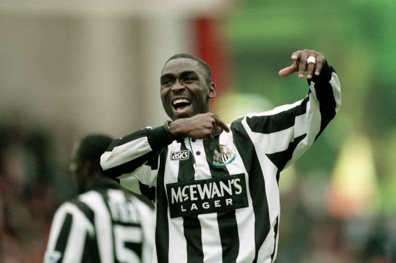 Andy Cole celebrates after Newcastle United's win against Arsenal at Highbury on September 18, 1994