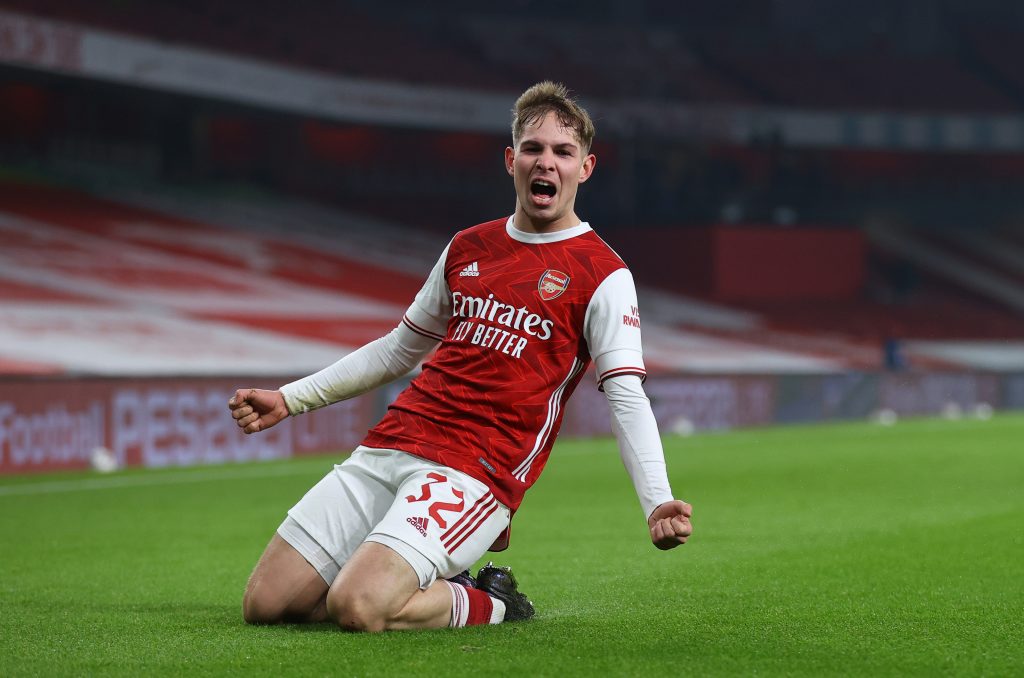 Emile Smith Rowe of Arsenal celebrates after scoring their sides first goal during the FA Cup Third Round match between Arsenal and Newcastle United at Emirates Stadium on January 09, 2021 in London, England. The match will be played without fans, behind closed doors as a Covid-19 precaution. (Photo by Julian Finney/Getty Images)