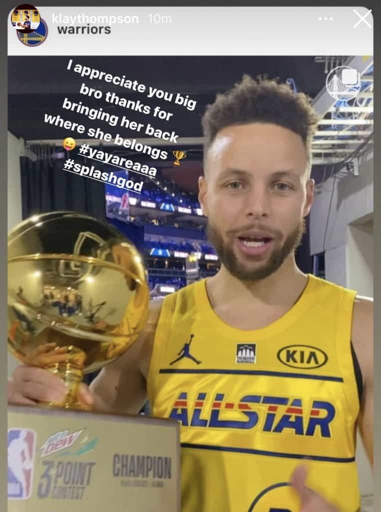 Klay Thompson reacts to Stephen Curry dedicating the 3-point contest win to him