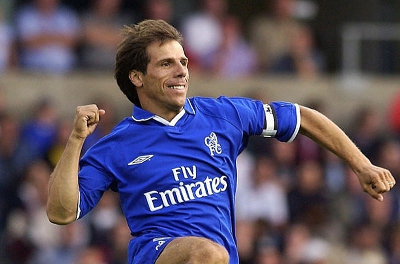 Gianfranco Zola of Chelsea celebrates during the pre-season friendly between Oxford United and Chelsea at the Kassam Stadium in Oxford, England on July 24, 2002. (Photo by Shaun Botterill/Getty Images)