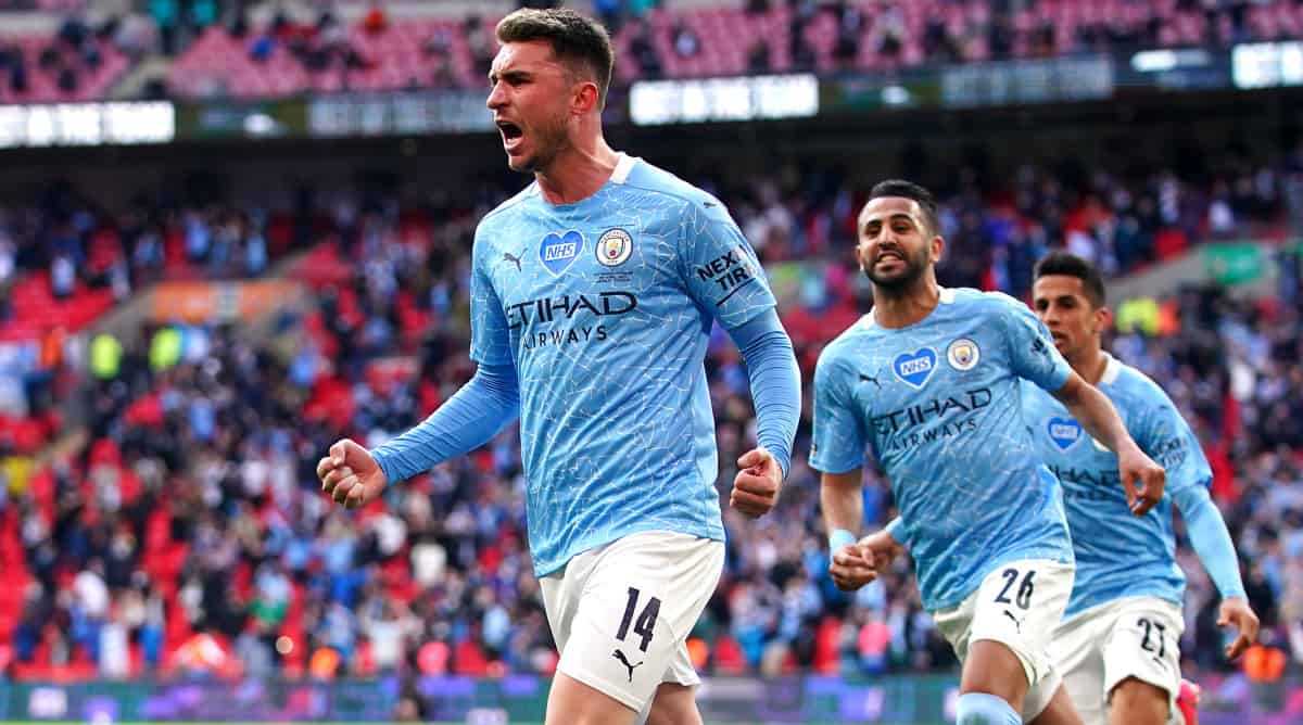 Aymeric Laporte celebrating his match winner against Tottenham in Carabao Cup