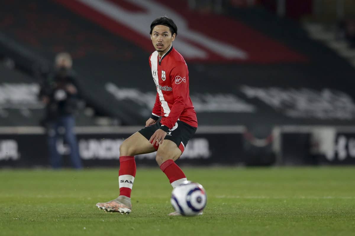 Takumi Minamino of Southampton during the Premier League match between Southampton and Leicester City at St Mary's Stadium on April 30, 2021 in Southampton, England. Sporting stadiums around the UK remain under strict restrictions due to the Coronavirus Pandemic as Government social distancing laws prohibit fans inside venues resulting in games being played behind closed doors. (Photo by Robin Jones/Getty Images)