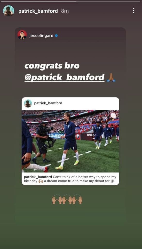 Jesse Lingard sends a message to Patrick Bamford following England debut