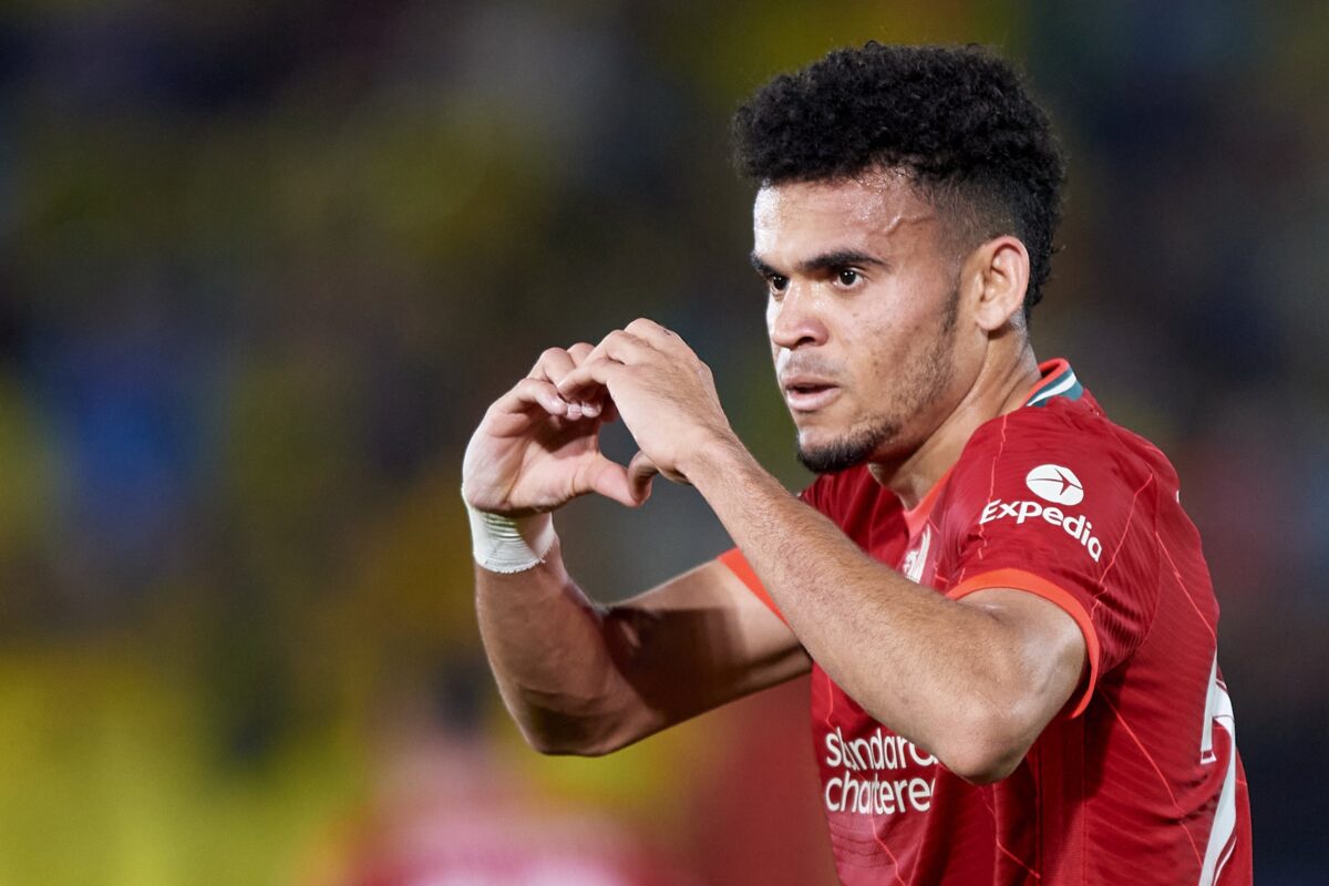 uis Diaz of Liverpool celebrates after scoring his team's second goal during the UEFA Champions League Semi Final Leg Two match between Villarreal and Liverpool at Estadio de la Ceramica on May 03, 2022 in Villarreal, Spain.